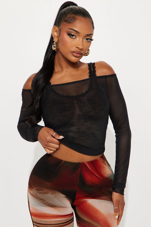 Classic Sign Mesh Long Sleeve Top - Black
