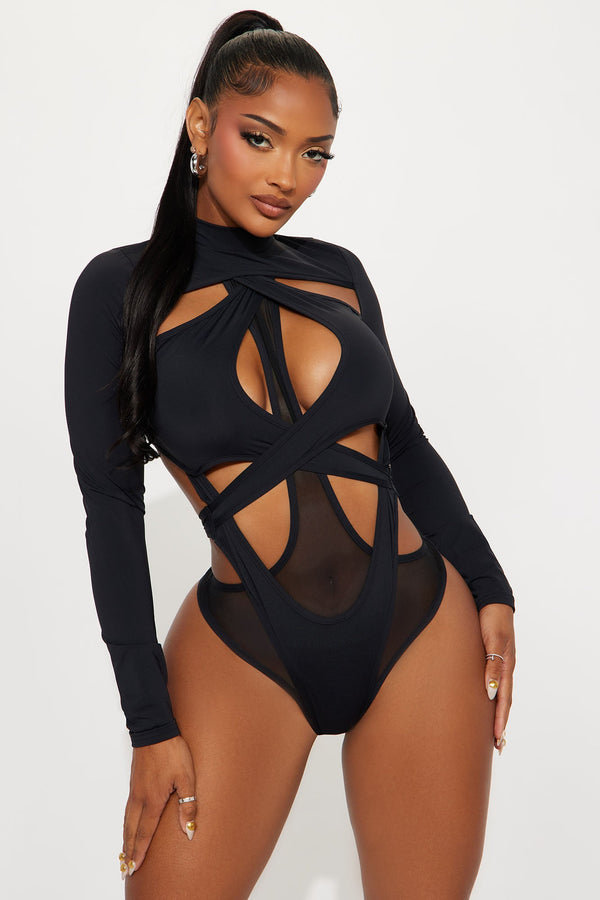 Triggered Long Sleeve Cut Out Bodysuit - Black