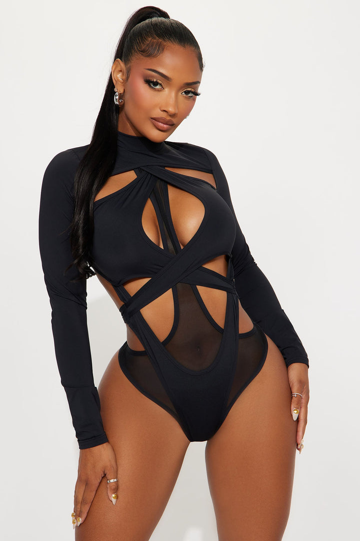Triggered Long Sleeve Cut Out Bodysuit - Black