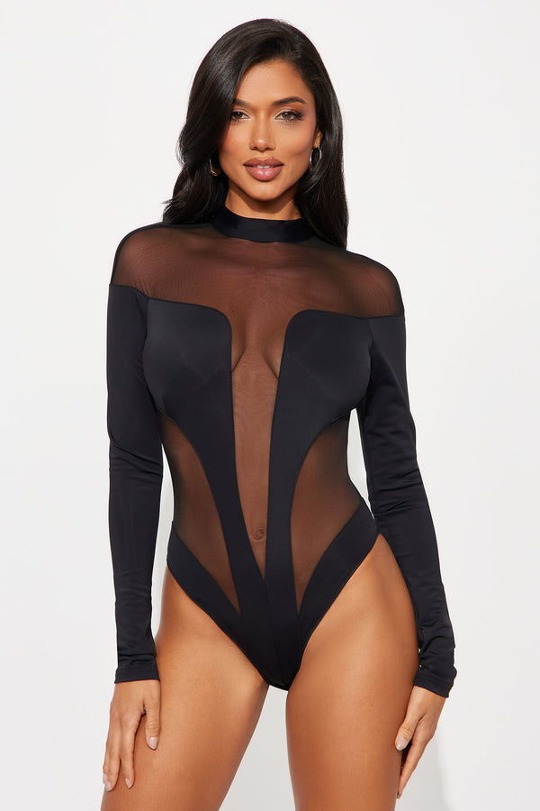 Zuri Mesh Cut Out Long Sleeve Bodysuit - Black