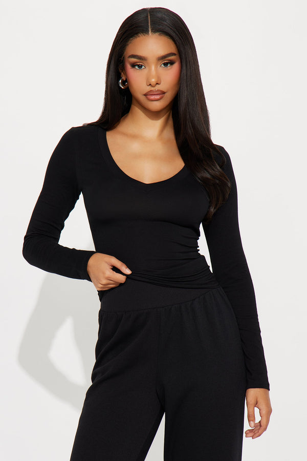 Jasmine V Neck Everyday Long Sleeve Top - Black