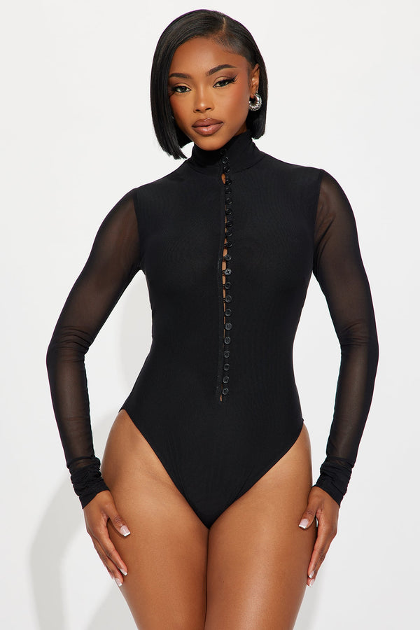 Victoria Button Up Turtle Neck Mesh Bodysuit - Black