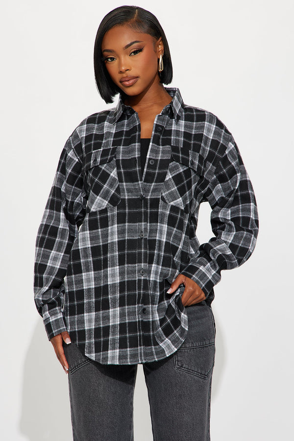 Pull Up Flannel Plaid Shirt - Black/combo