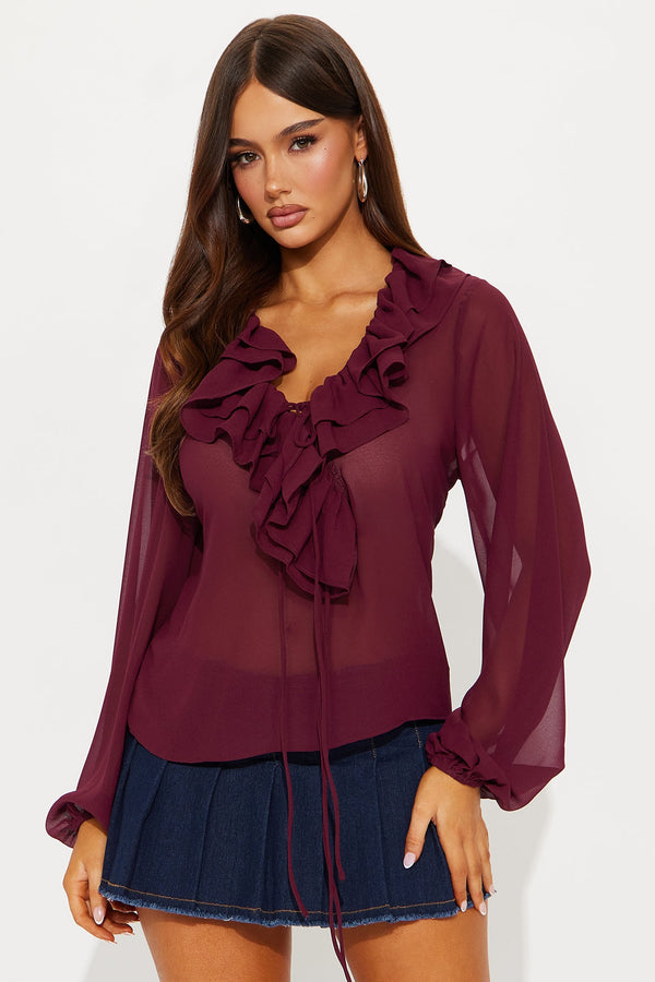 Living For This Ruffle Chiffon Blouse - Burgundy