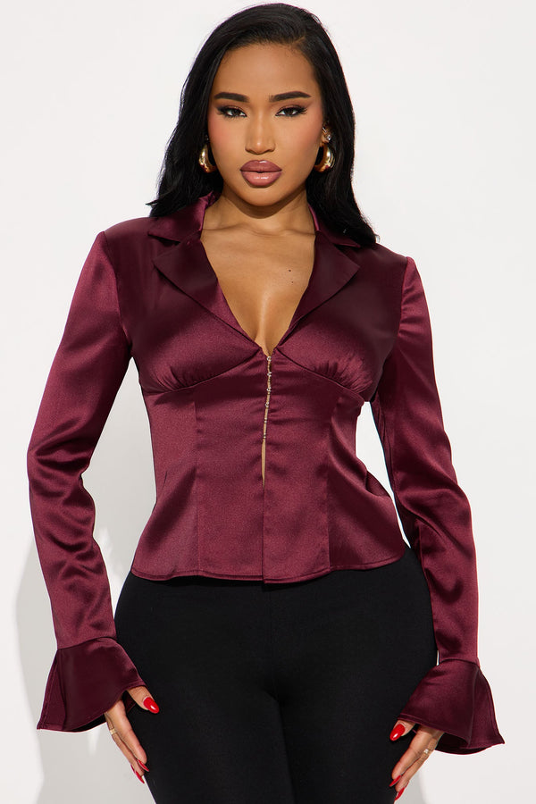 The Right One Satin Blouse - Burgundy