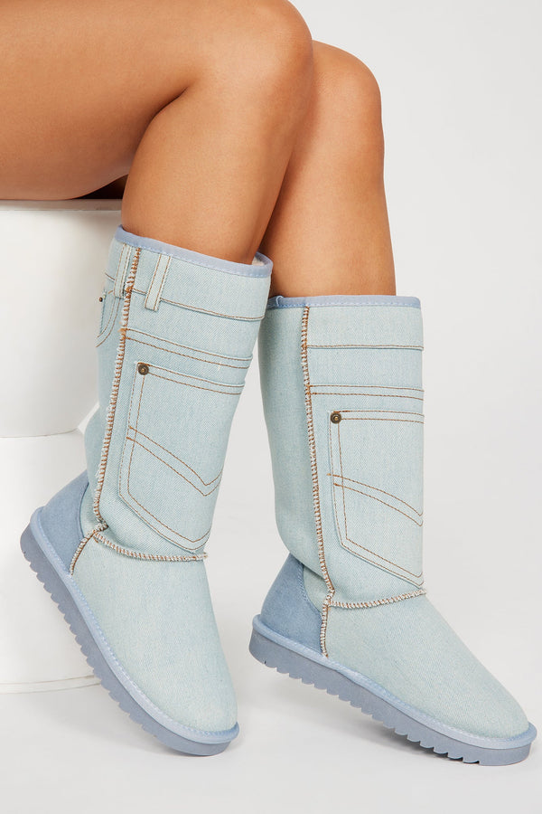Written All Over Knee High Flat Boots - Light Blue