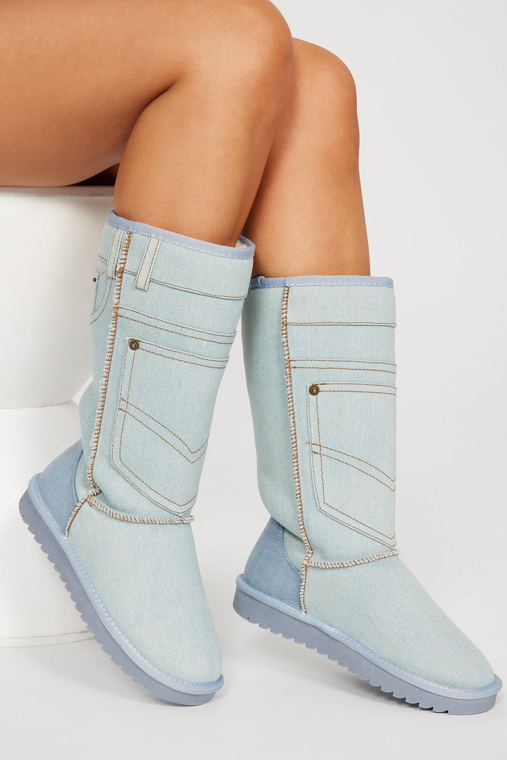 Written All Over Knee High Flat Boots - Light Blue
