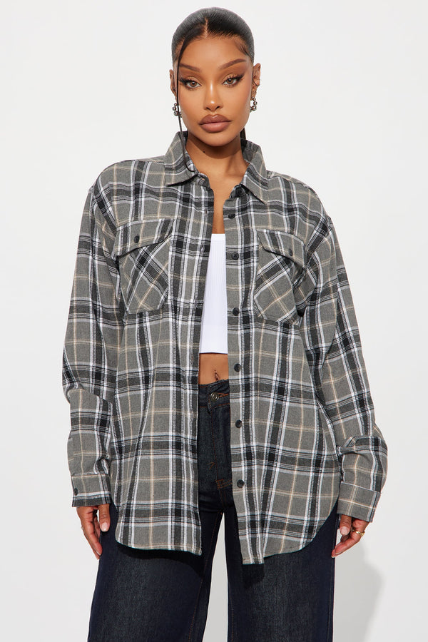 Pull Up Flannel Plaid Shirt - Grey/combo