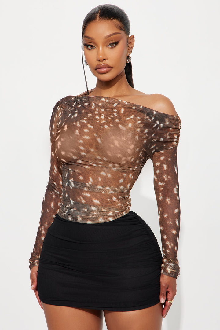 Bambi Mesh Of Shoulder Top - Brown/combo
