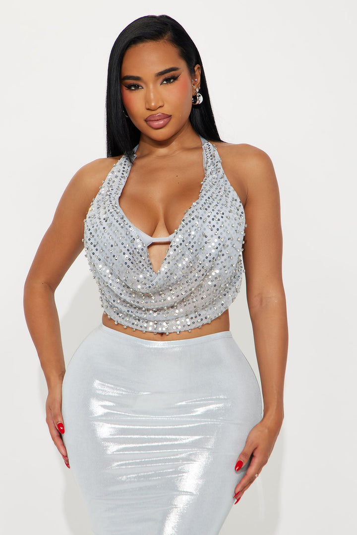 Don't Fit In Built In Bra Rhinestone Halter Top - Silver