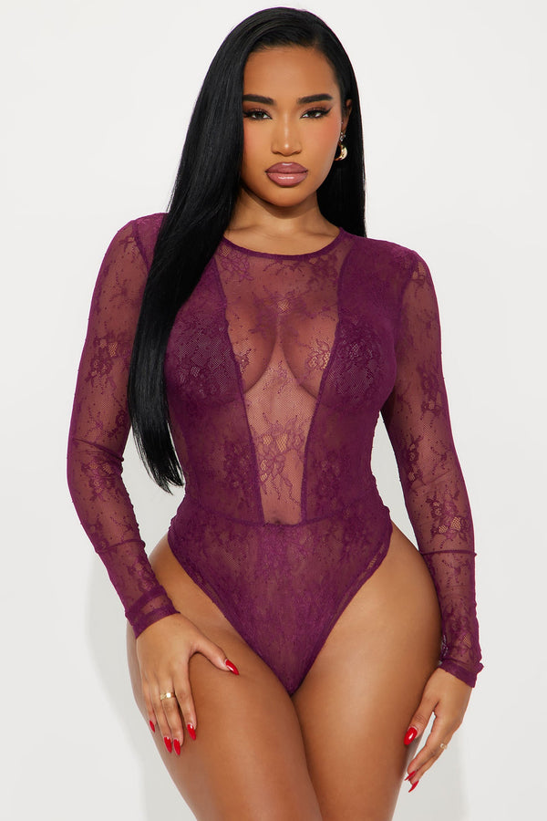 Party Mayhem Long Sleeve Lace Bodysuit - Plum