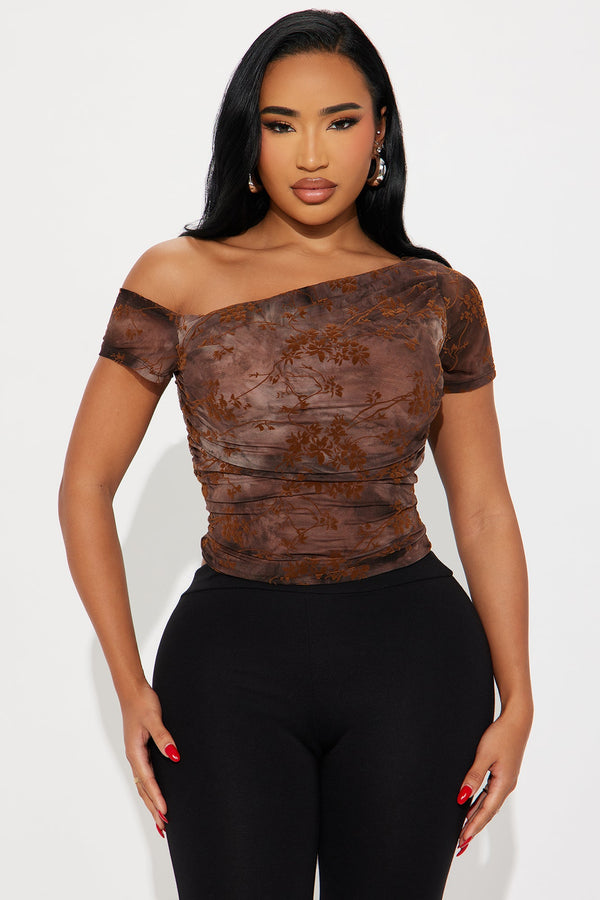Jasper Flocked Off Shoulder Top - Brown/combo