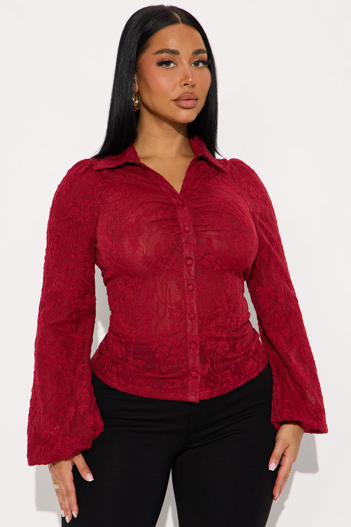 Verity Lace Long Sleeve Button Up Shirt - Burgundy