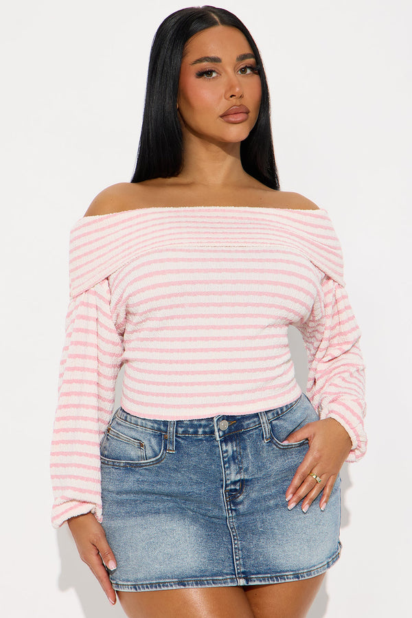 Swan Long Sleeve Off Shoulder Top - Pink/combo