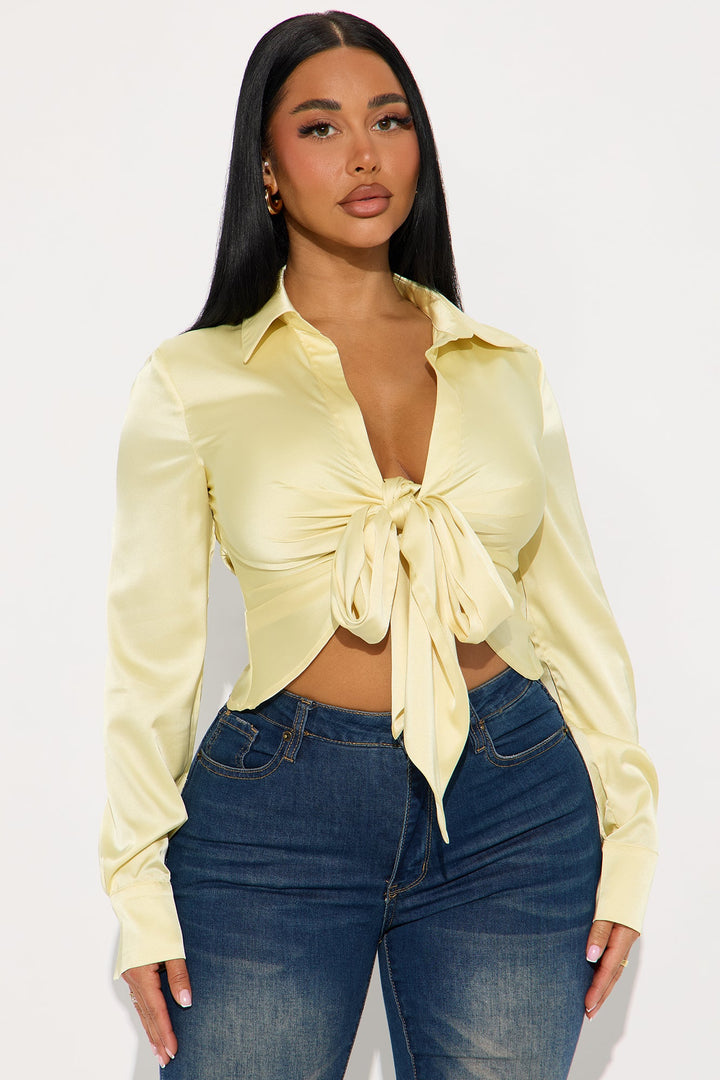 Wild Child Knotted Satin Blouse - Butter Yellow