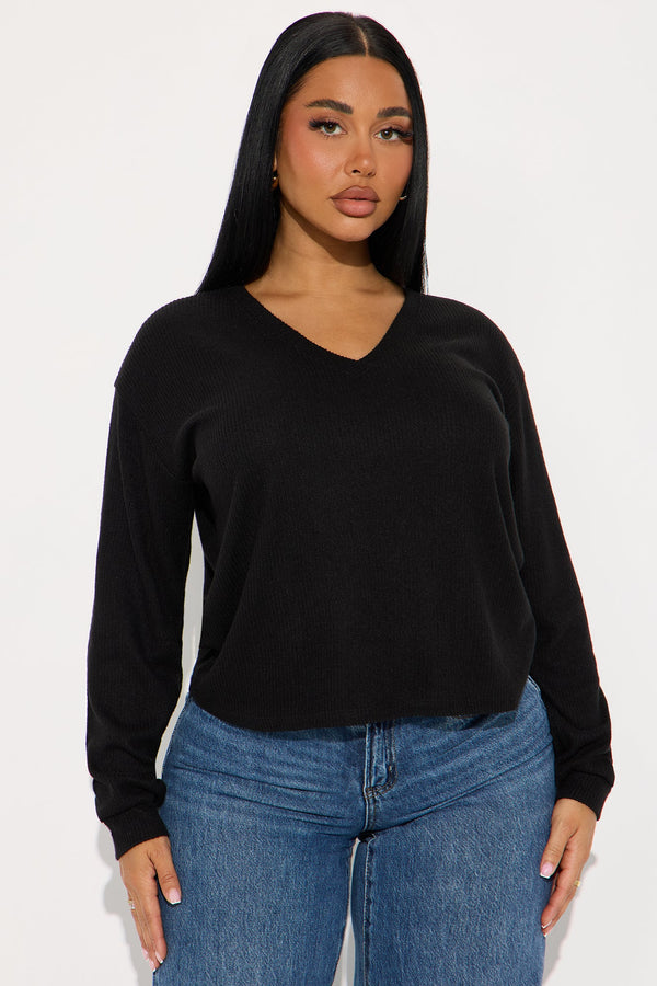 Tyra V Neck Brushed Hacci Rib Top - Black