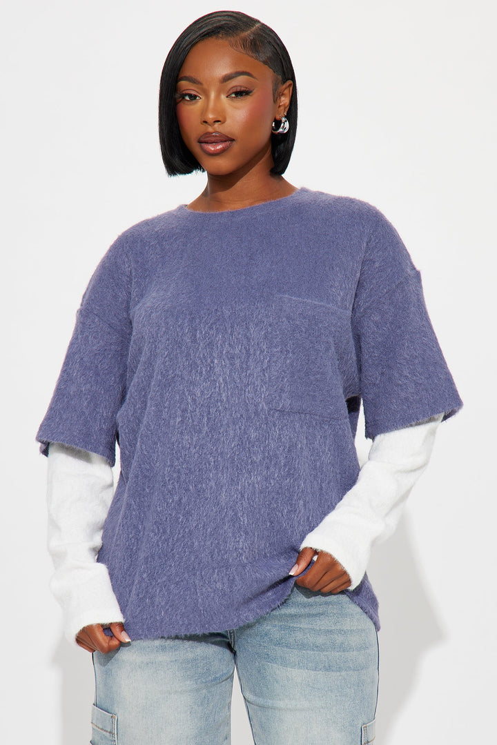 For The Thrill Layered Fuzzy Sweater - Navy/combo