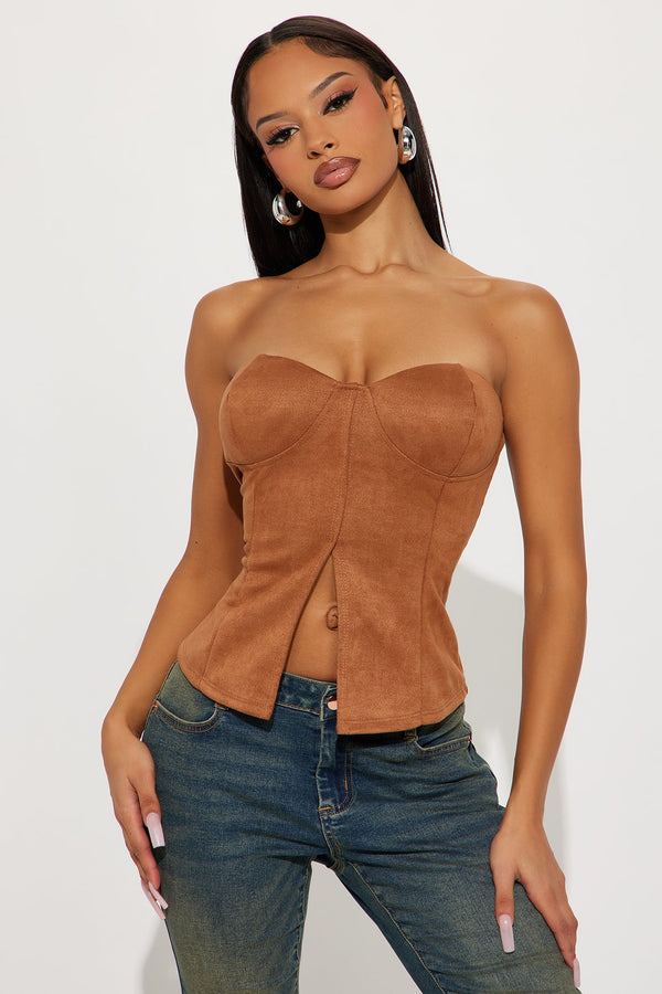 Junelia Faux Suede Strapless Corset Top - Camel