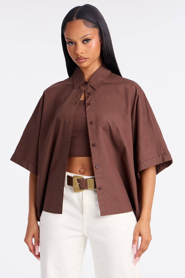 Sancie Oversized Poplin Button Up Shirt - Chocolate