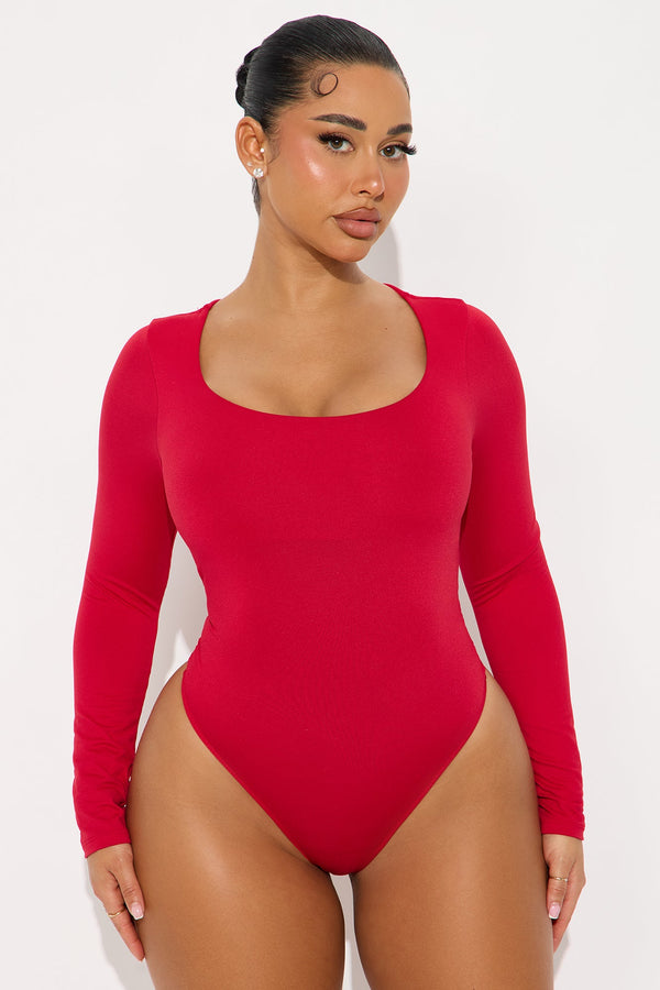 Esme Scoop Neck Double Lined Long Sleeve Bodysuit - Red