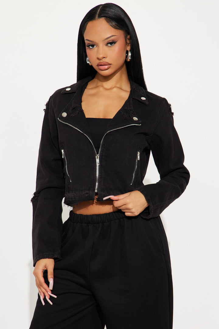 Ride Fast Distressed Moto Denim Jacket - Black