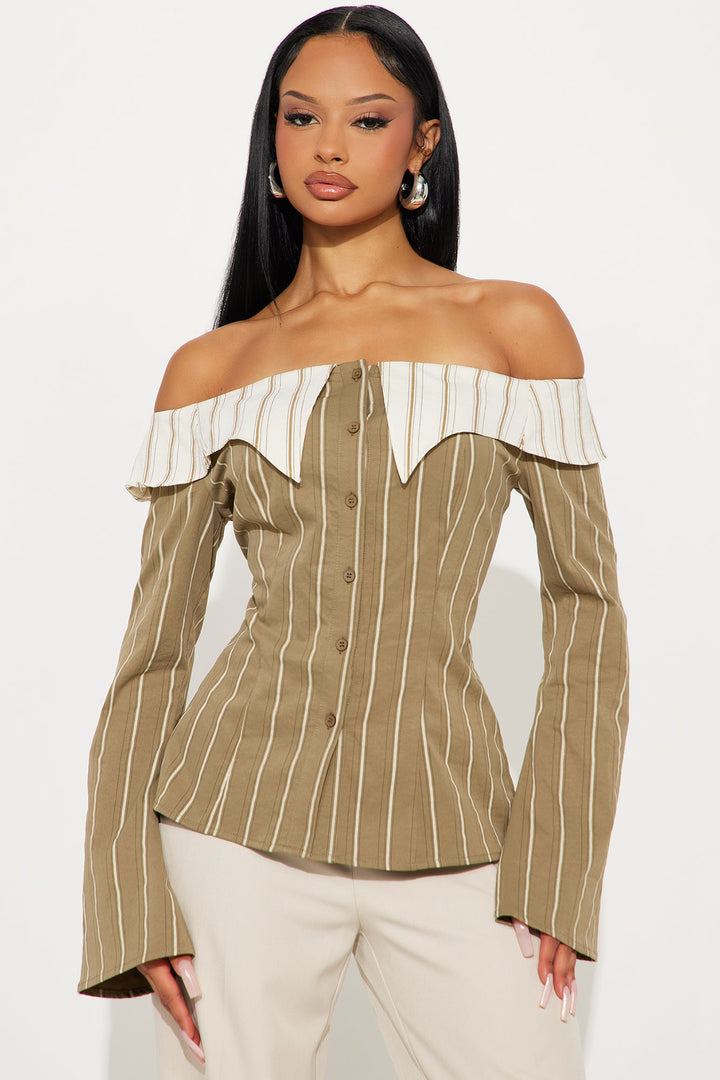 Spilling Secrets Off Shoulder Pinstripe Shirt - Olive/combo