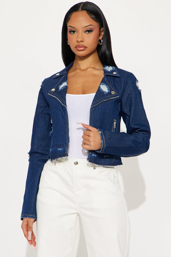 Keep Riding Distressed Moto Denim Jacket - Dark Wash