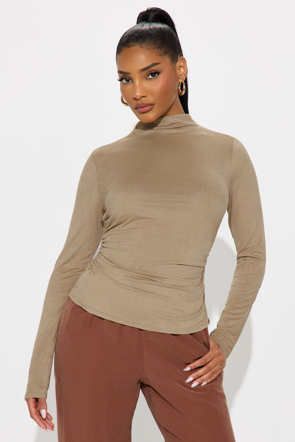Magic Faux Suede Mock Neck Top - Taupe
