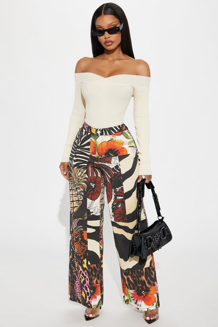 Petite Miami Mood Printed Baggy Jeans - Brown/combo