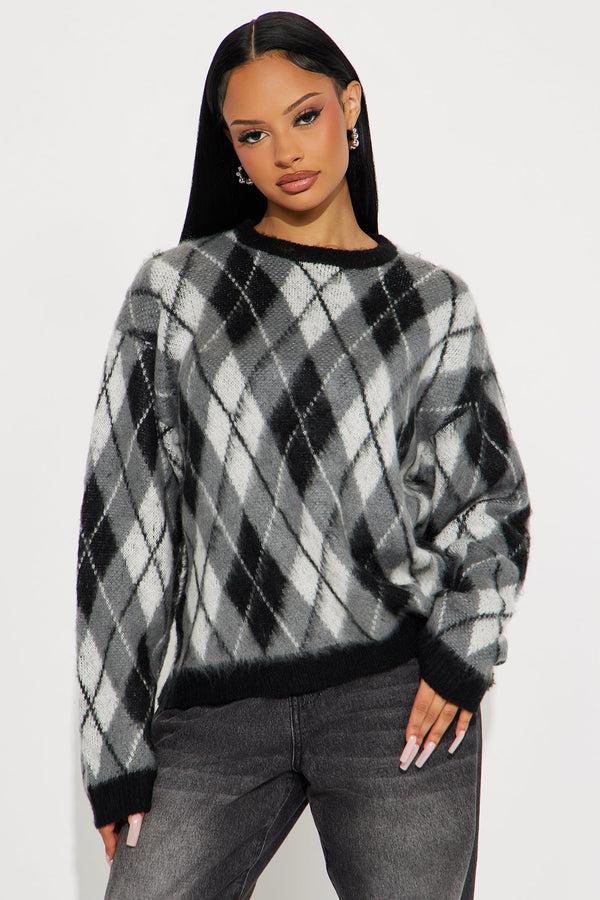 Chic Happens Argyle Sweater - Grey/combo