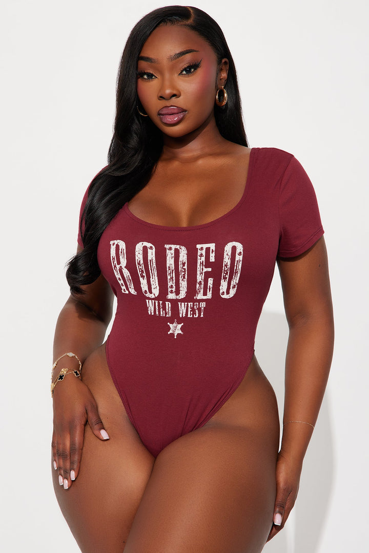 Rodeo Wild West Short Sleeve High Cut Bodysuit - Burgundy