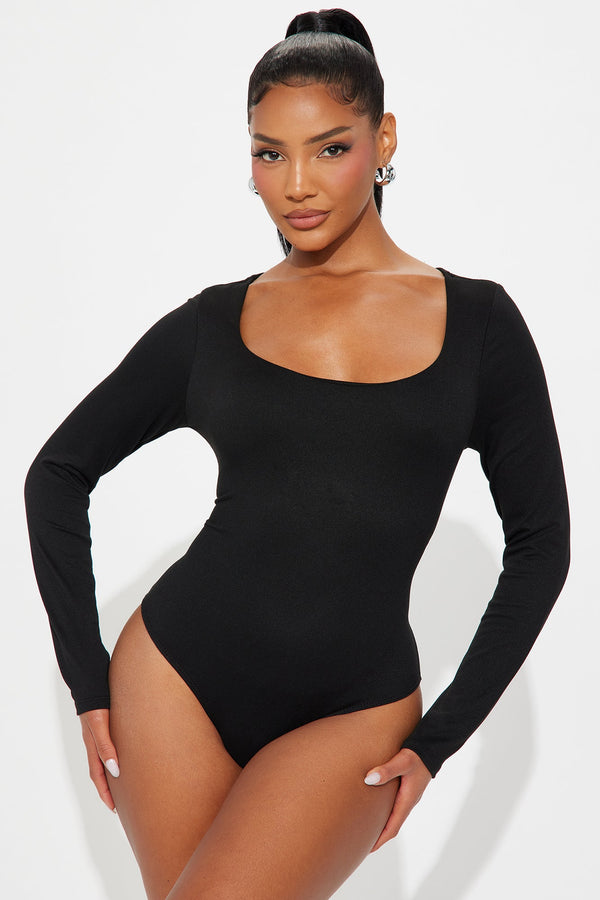 Esme Scoop Neck Double Lined Long Sleeve Bodysuit - Black