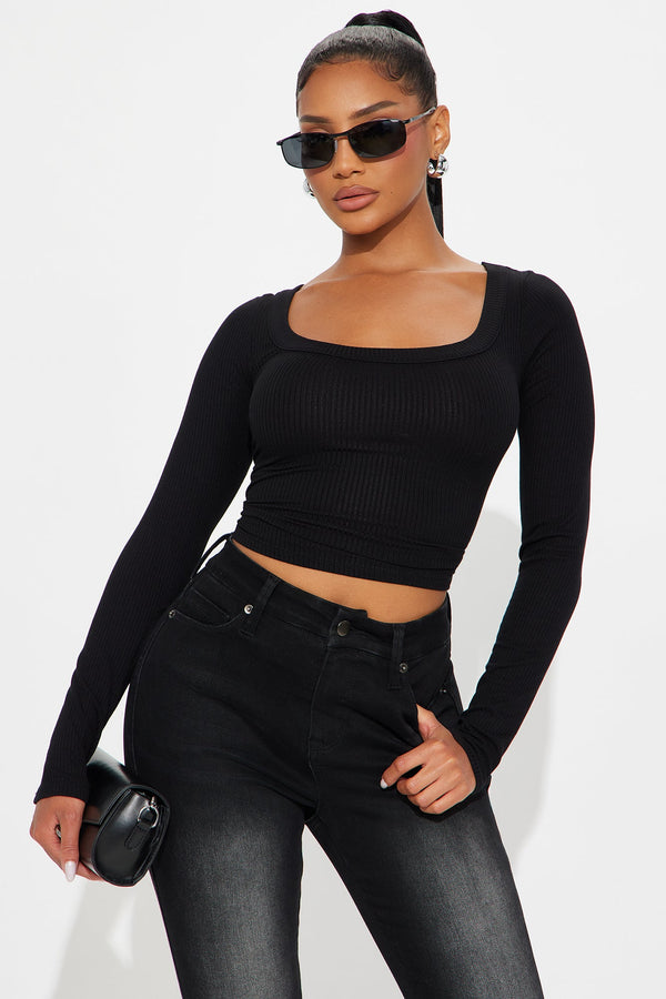 Nikki Ribbed Long Sleeve Basic Top - Black