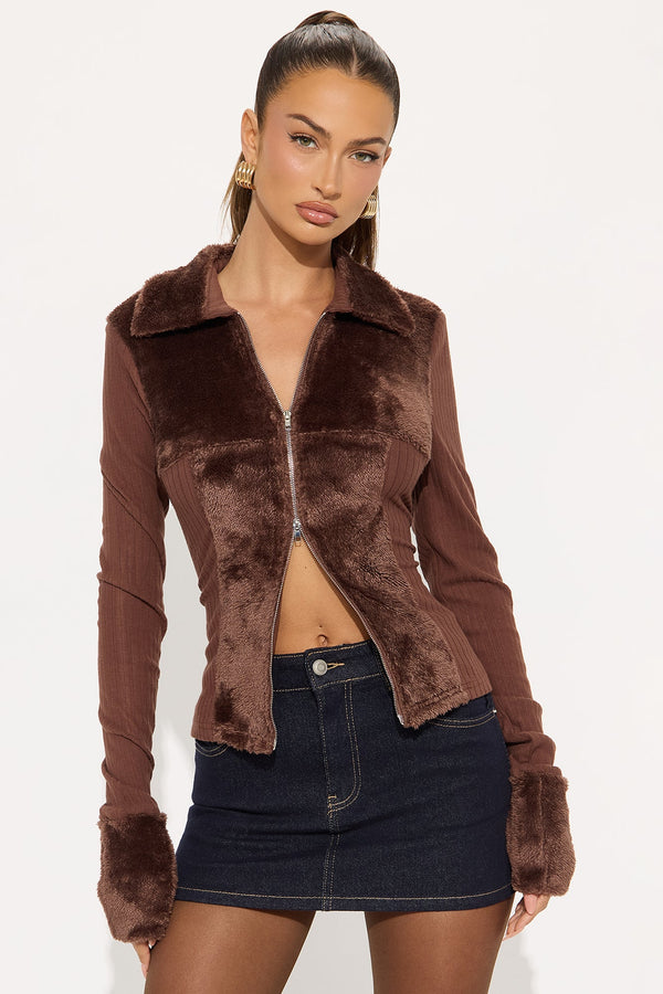 Jade Fur Trim Ribbed Top - Brown