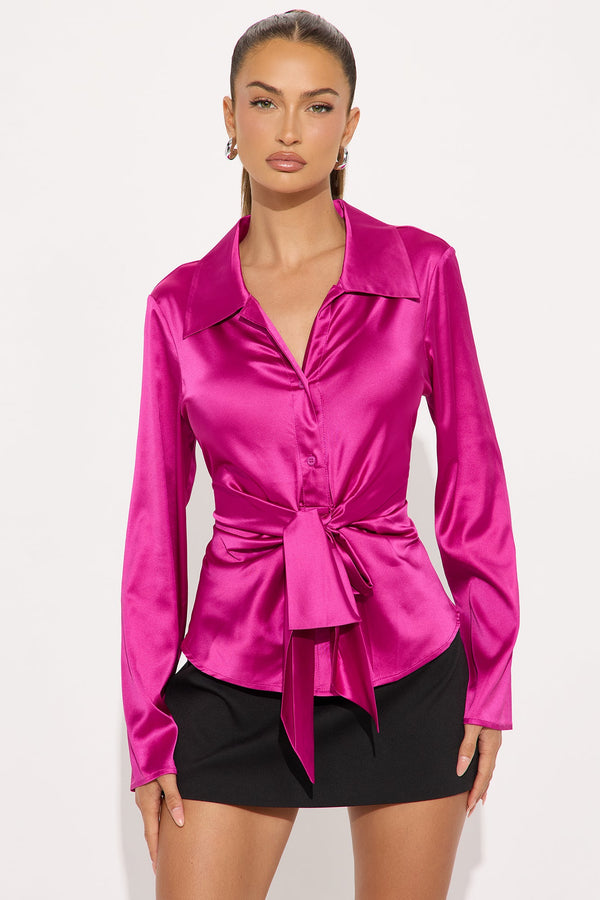 Sweet Deal Tie Front Satin Shirt - Fuchsia