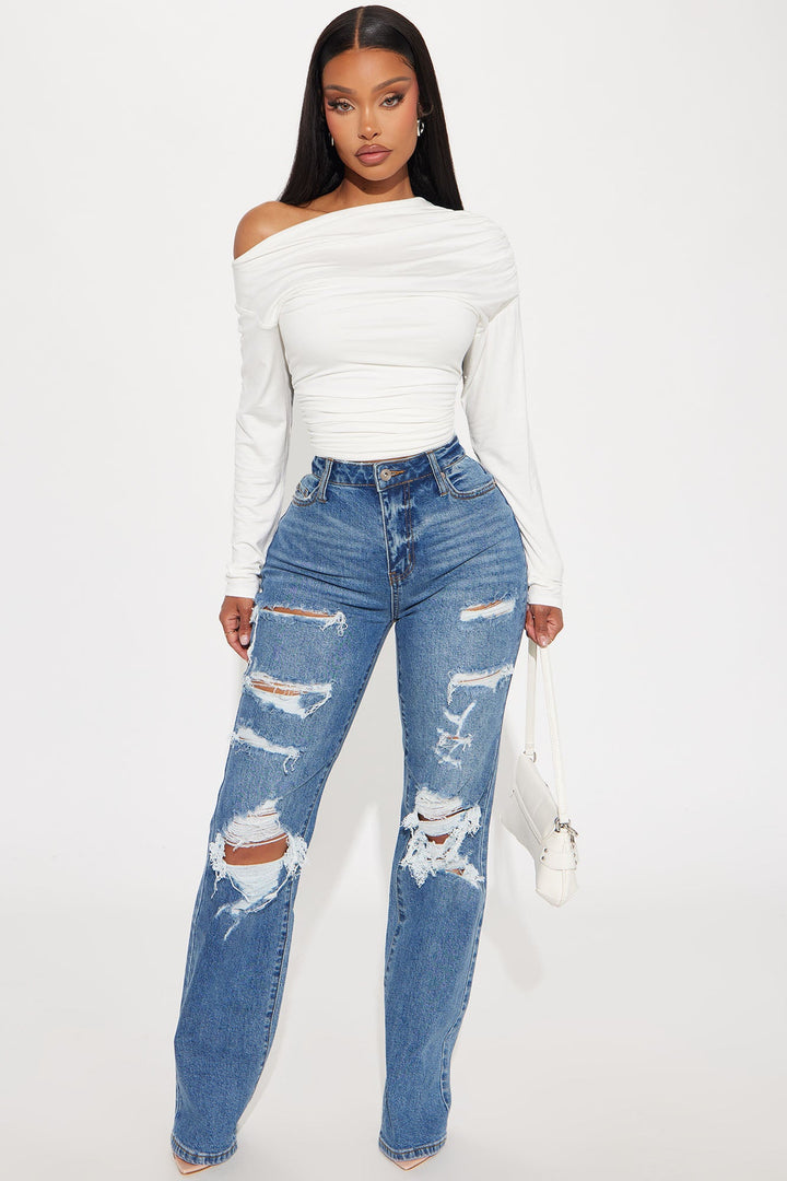 Posted Stretch Ripped Straight Leg Jeans - Medium Wash