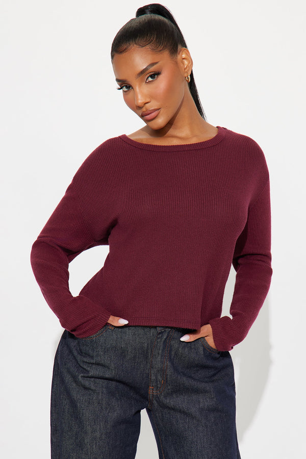 Odette Crew Neck Hacci Long Sleeve Top - Wine