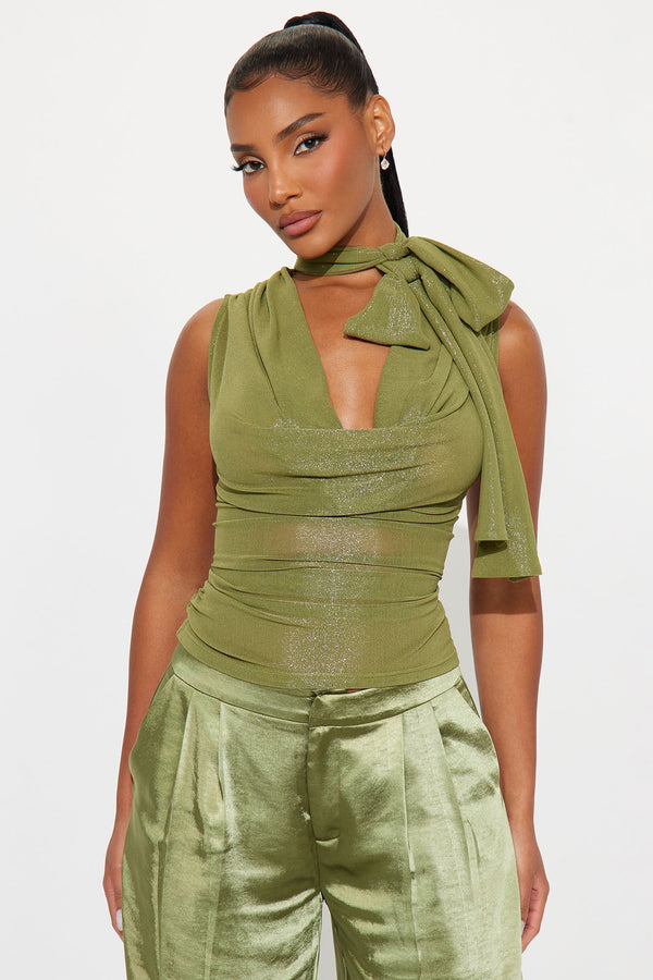 Join Me Ruched Tie Neck Top - Olive