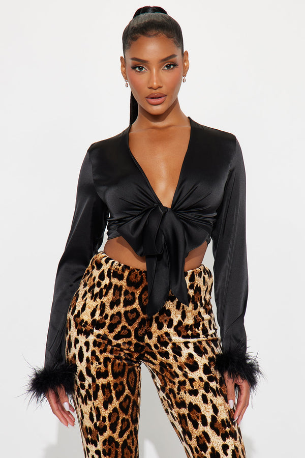 Knot Your Babe Feather Satin Blouse - Black