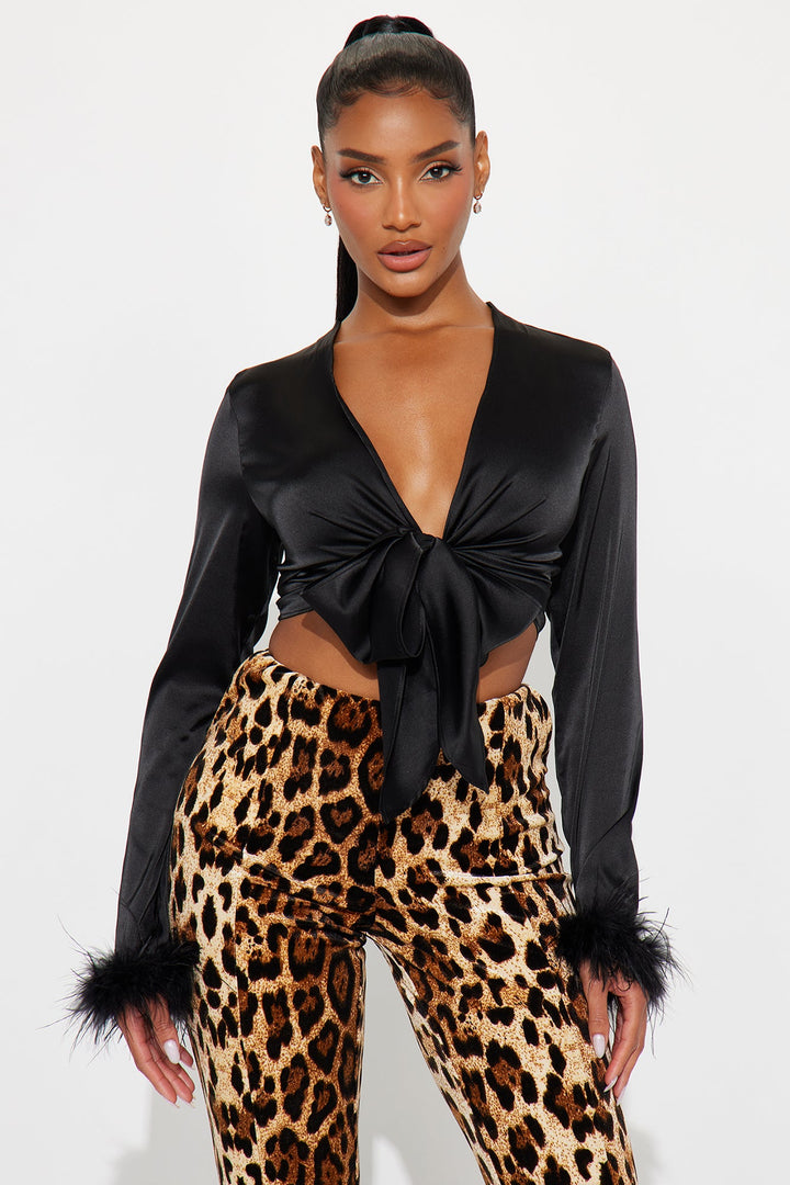 Knot Your Babe Feather Satin Blouse - Black