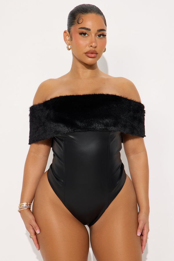 Smooth Criminal Fur Trim Faux Leather Bodysuit - Black