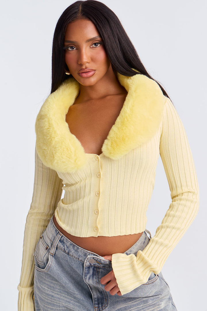 Fluff Game Strong Faux Fur Cardigan - Butter Yellow