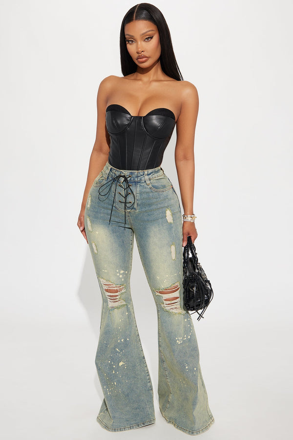 What Im About Stretch Lace Up Tinted Flare Jeans - Vintage Wash