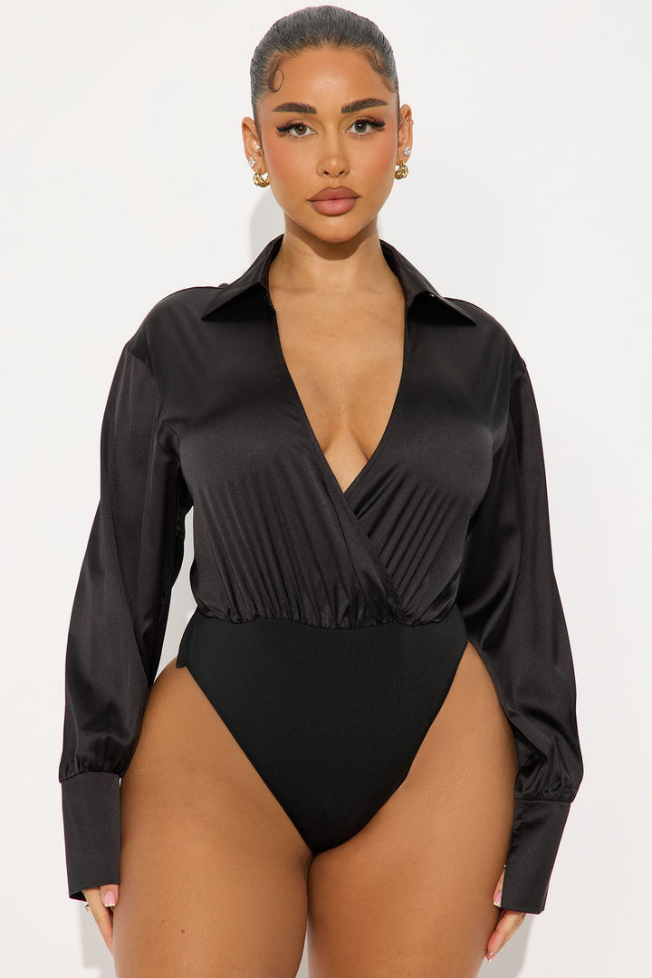 Play It Safe Satin Bodysuit - Black