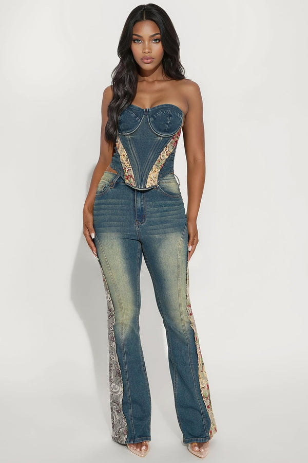 Amari Floral Tinted Bell Bottom Jeans - Dark Wash
