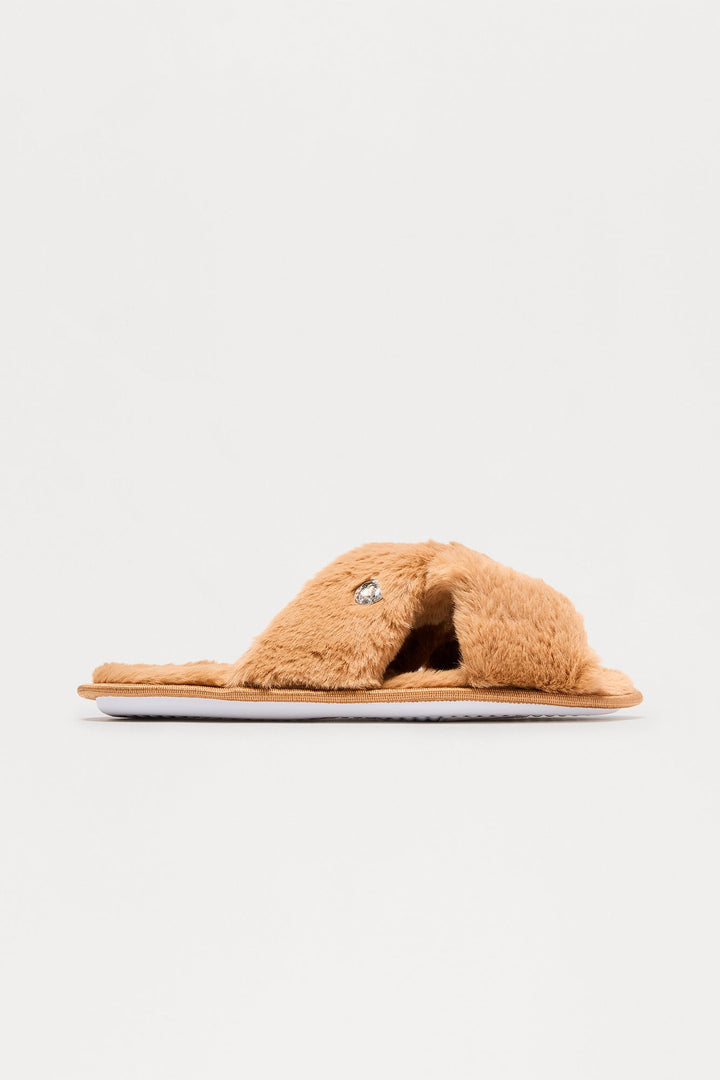 Piper Rhinestone Faux Fur Slippers - Camel