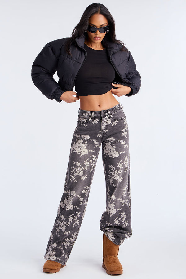 Happiness Blooms Printed Straight Leg Jeans - Grey/combo