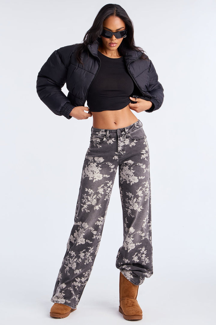 Happiness Blooms Printed Straight Leg Jeans - Grey/combo