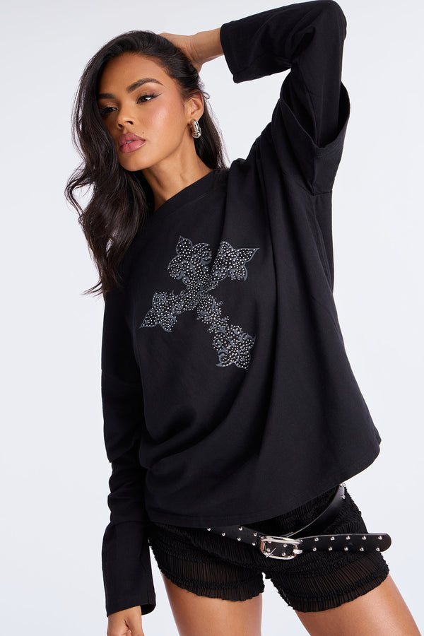 Cross My Heart Rhinestone Long Sleeve Tee - Black