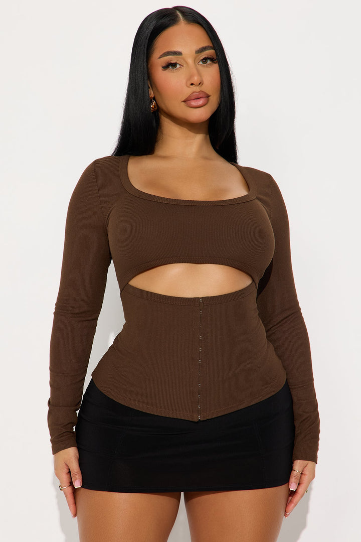 Liora Cut Out Ribbed Long Sleeve Top - Brown